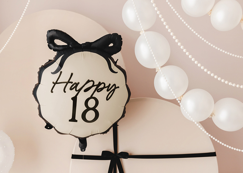 Balon Folie Happy 18 Majorat, 47x53 cm, off white/negru