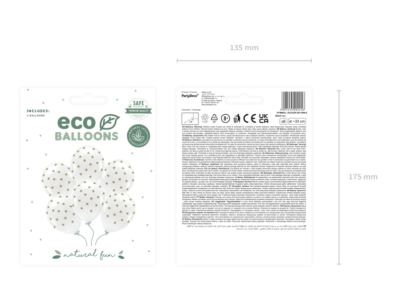 Baloane Eco Albe cu Stele Aurii (6 buc) 33cm