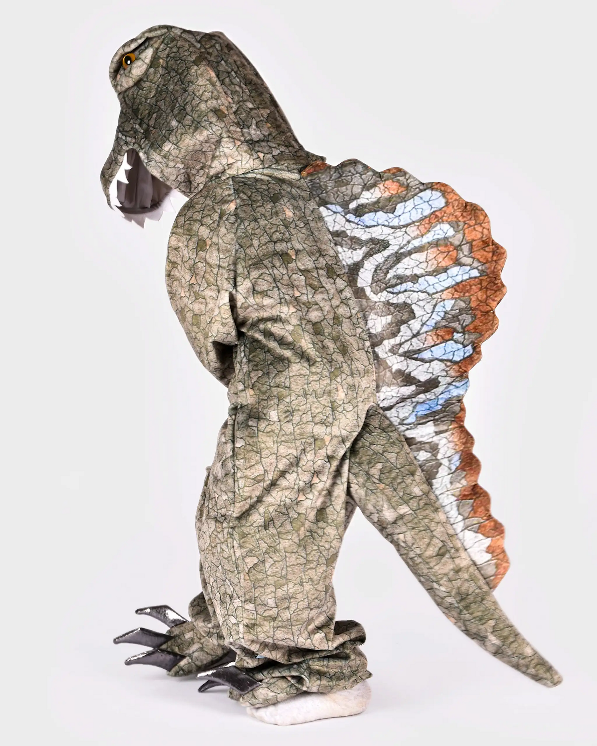 Costum dinozaur Spinosaurus pentru copii 4–5 ani, 110 cm, cu glugă, coadă și creastă dorsală