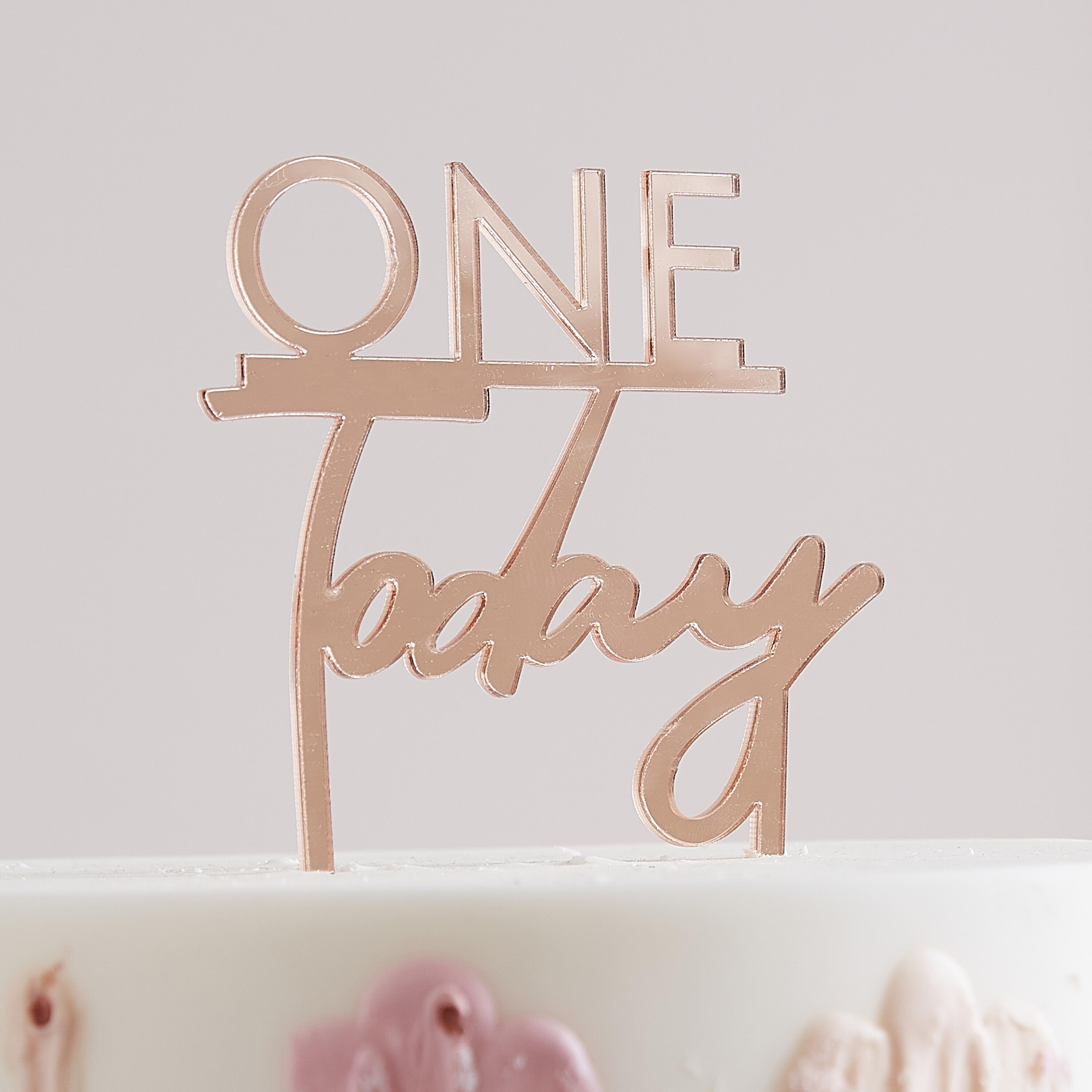Topper tort pentru aniversare 1 an, One Today, Aur roz, 11x10cm