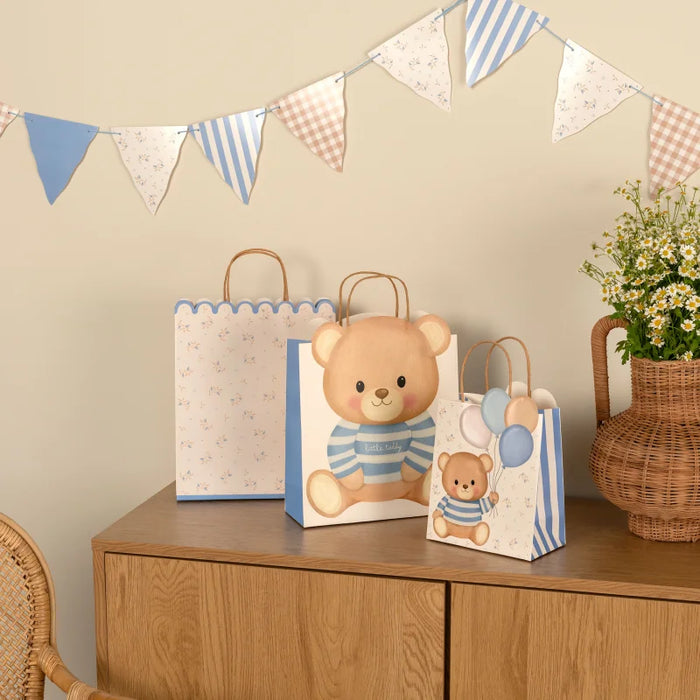 Ghirlandă cu fanioane albastre Vichy și florale Baby Blue Bear, decor pentru petrecere cu ursuleți