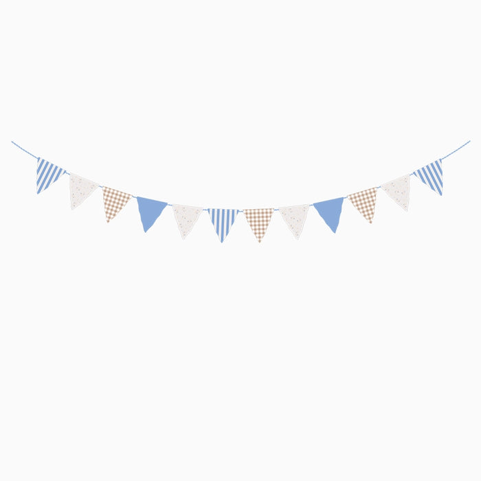 Ghirlandă cu fanioane albastre Vichy și florale Baby Blue Bear, decor pentru petrecere cu ursuleți