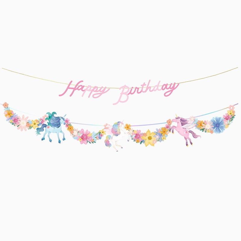 Ghirlandă dublă Happy Birthday cu unicorni și flori pastelate, 3,10 m