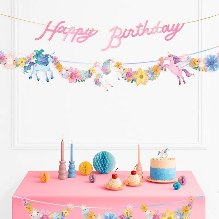 Ghirlandă dublă Happy Birthday cu unicorni și flori pastelate, 3,10 m