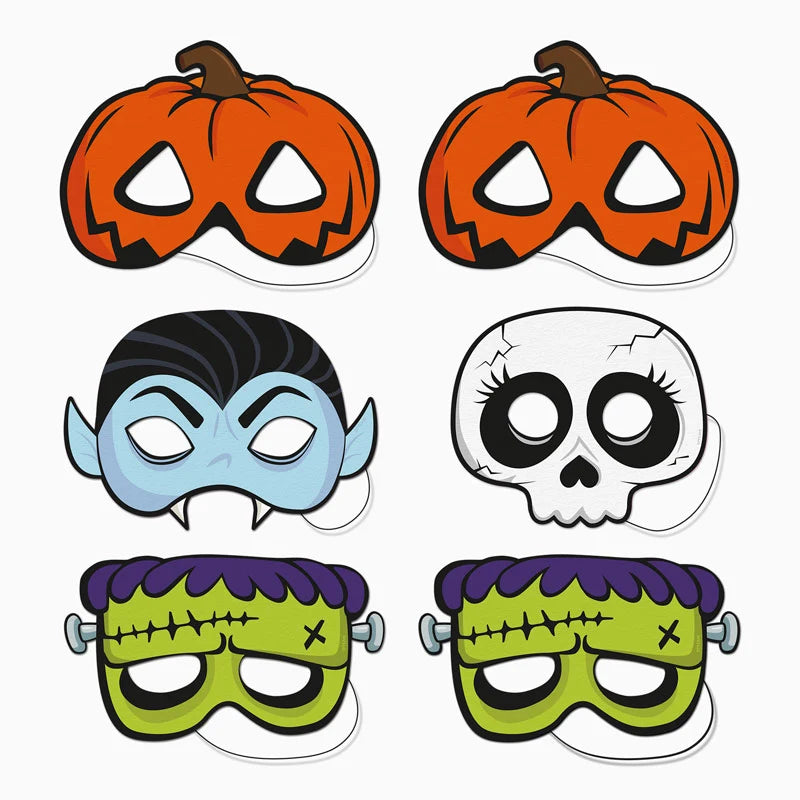Set 6 măști Halloween pentru copii din carton cu elastic, două dovleci, două Frankenstein, vampir și schelet