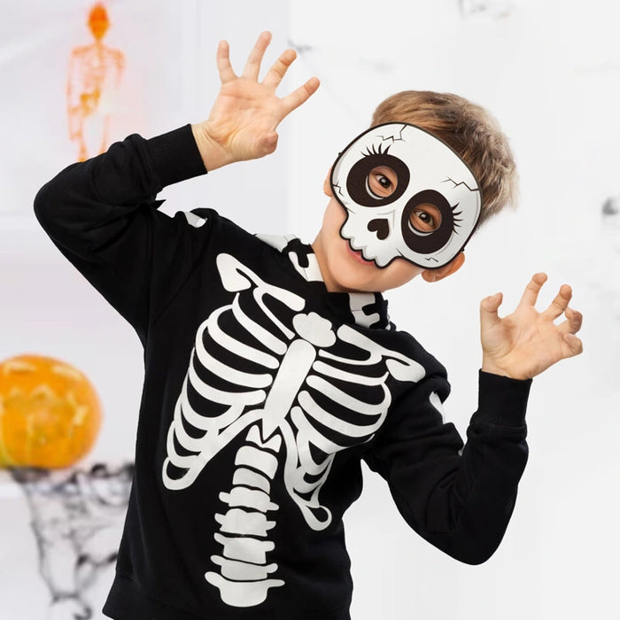Set 6 măști Halloween pentru copii din carton cu elastic, două dovleci, două Frankenstein, vampir și schelet