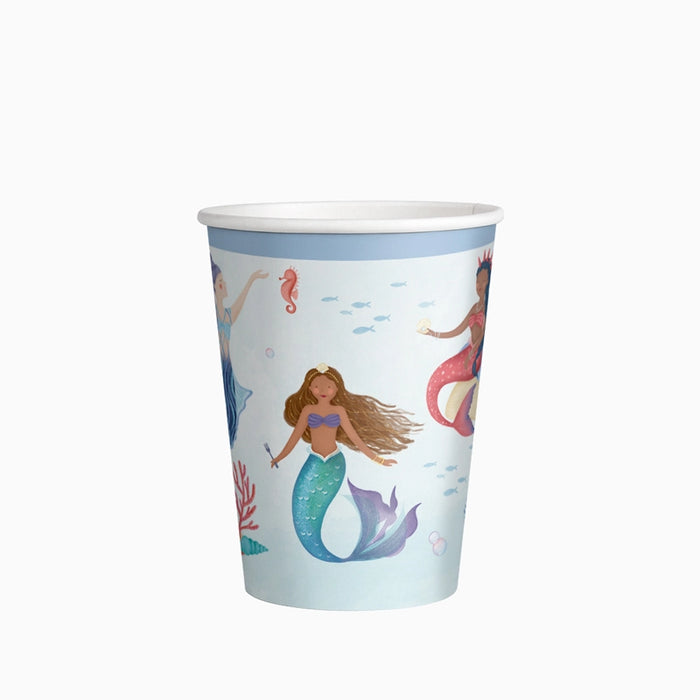 Pahar din hârtie bleu cu sirene și elemente marine, 270 ml, pentru petrecere tematică cu sirene