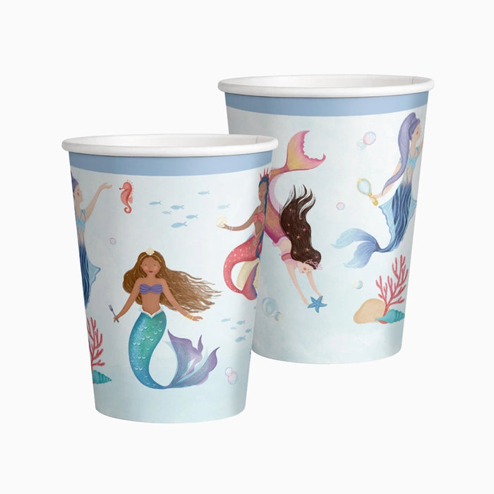 Pahar din hârtie bleu cu sirene și elemente marine, 270 ml, pentru petrecere tematică cu sirene