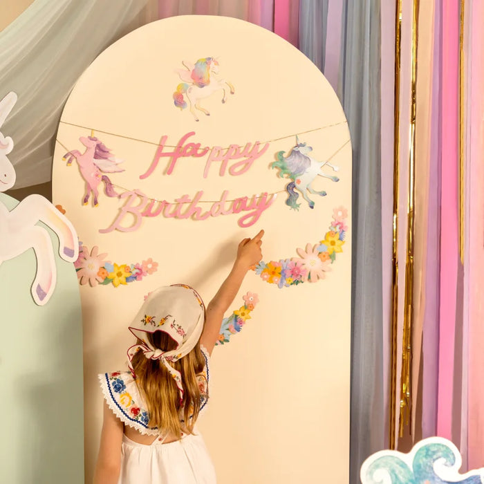 Ghirlandă dublă Happy Birthday cu unicorni și flori pastelate, 3,10 m