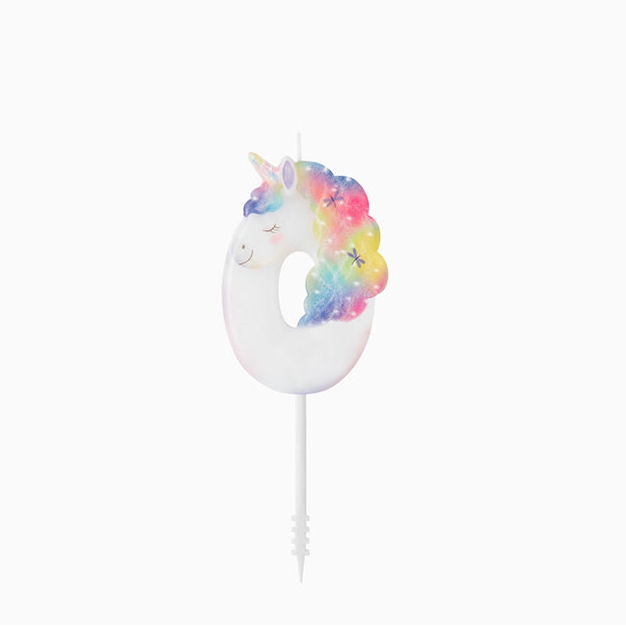 Lumânare pentru tort cifra 0 Magical Unicorns, 6 cm, cu tematică unicorni.