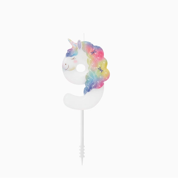 Lumânare pentru tort cifra 9 Magical Unicorns, 6 cm, cu tematică unicorni.