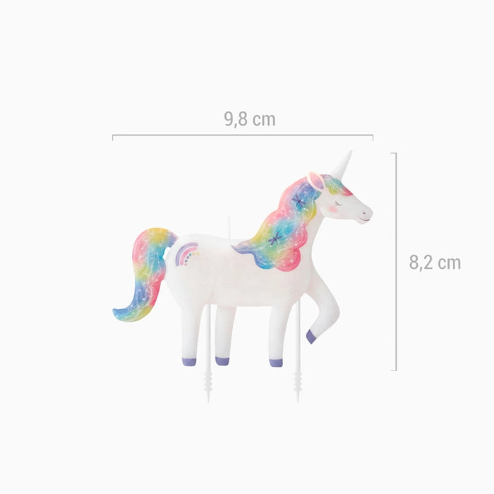 Lumânare tort unicorn alb cu coamă curcubeu, dimensiune 9,8 × 8,2 cm