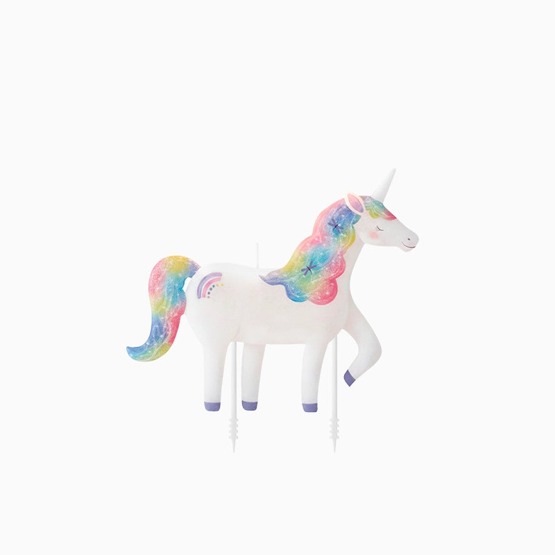 Lumânare tort unicorn alb cu coamă curcubeu, dimensiune 9,8 × 8,2 cm