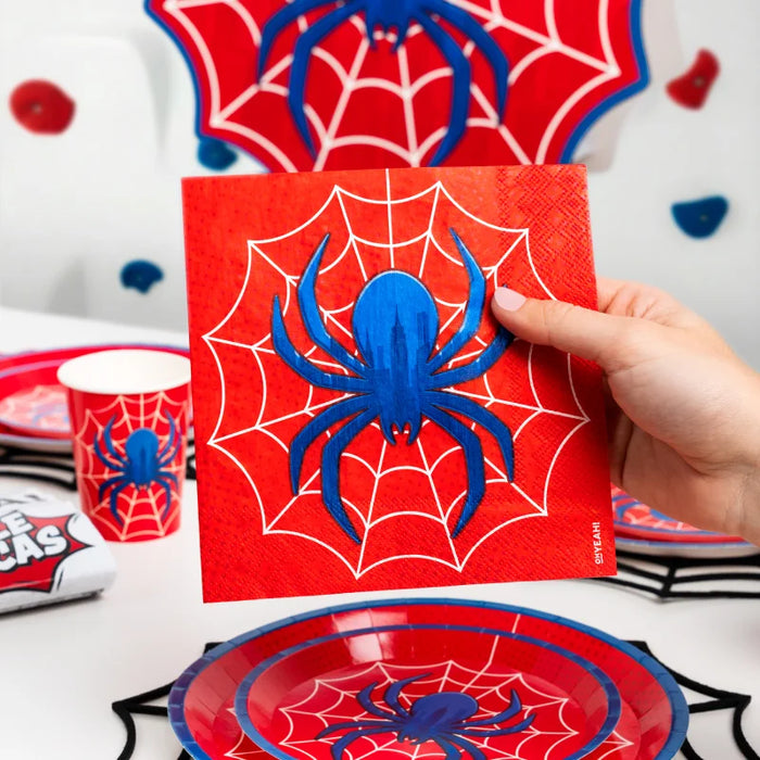 Șervețele Spider roșii cu păianjen albastru și pânză de păianjen albă, 33 × 33 cm