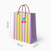 Pungă cadou din hârtie, dungi galbene, lila și albe (26×10×32cm)