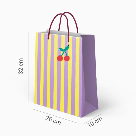 Pungă cadou din hârtie, dungi galbene, lila și albe (26×10×32cm)