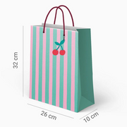 Pungă cadou din hârtie, dungi roz și turcoaz (26×10×32cm)