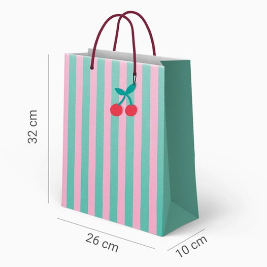 Pungă cadou din hârtie, dungi roz și turcoaz (26×10×32cm)