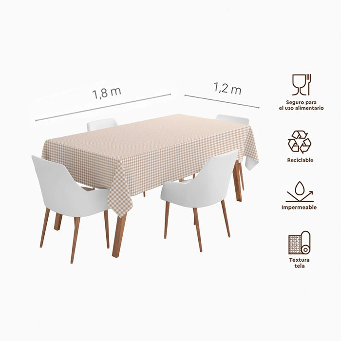 Față de masă impermeabilă Vichy crem și alb, 120 × 180 cm, pe masă dreptunghiulară pentru 6 persoane