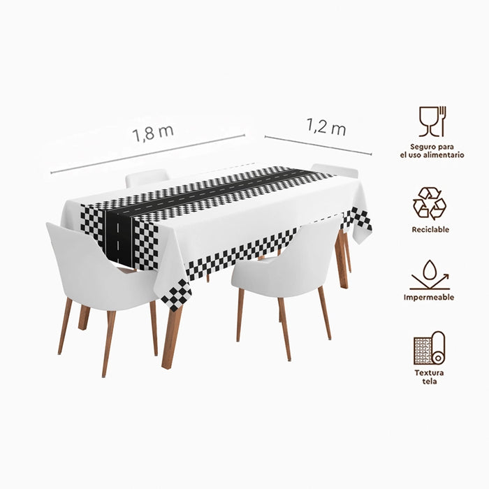 Față de Masă Impermeabilă curse auto | Alb-Negru | 120 × 180 cm