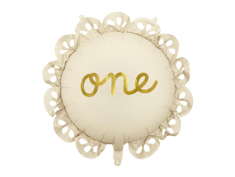 Balon din folie cu volan 1 - „One”, 51,5 cm, crem, aniversare 1 un, PartyDeco