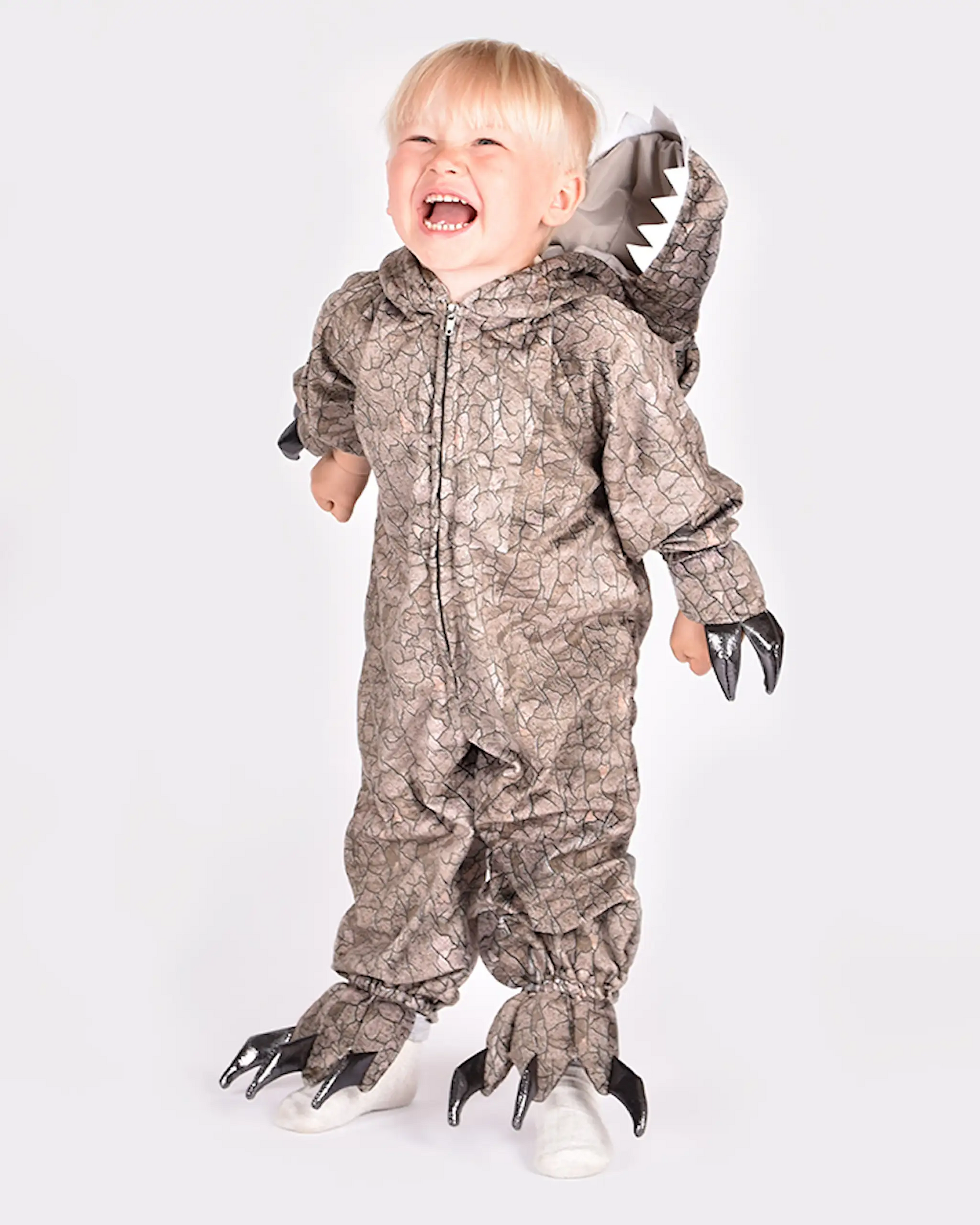 Costum dinozaur Spinosaurus pentru copii 4–5 ani, 110 cm, cu glugă, coadă și creastă dorsală