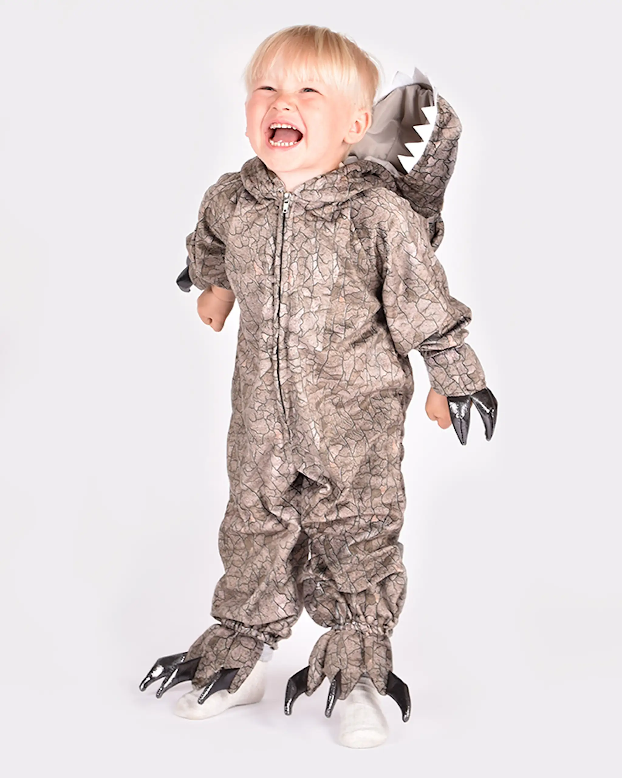 Costum dinozaur Spinosaurus pentru copii 4–5 ani, 110 cm, cu glugă, coadă și creastă dorsală