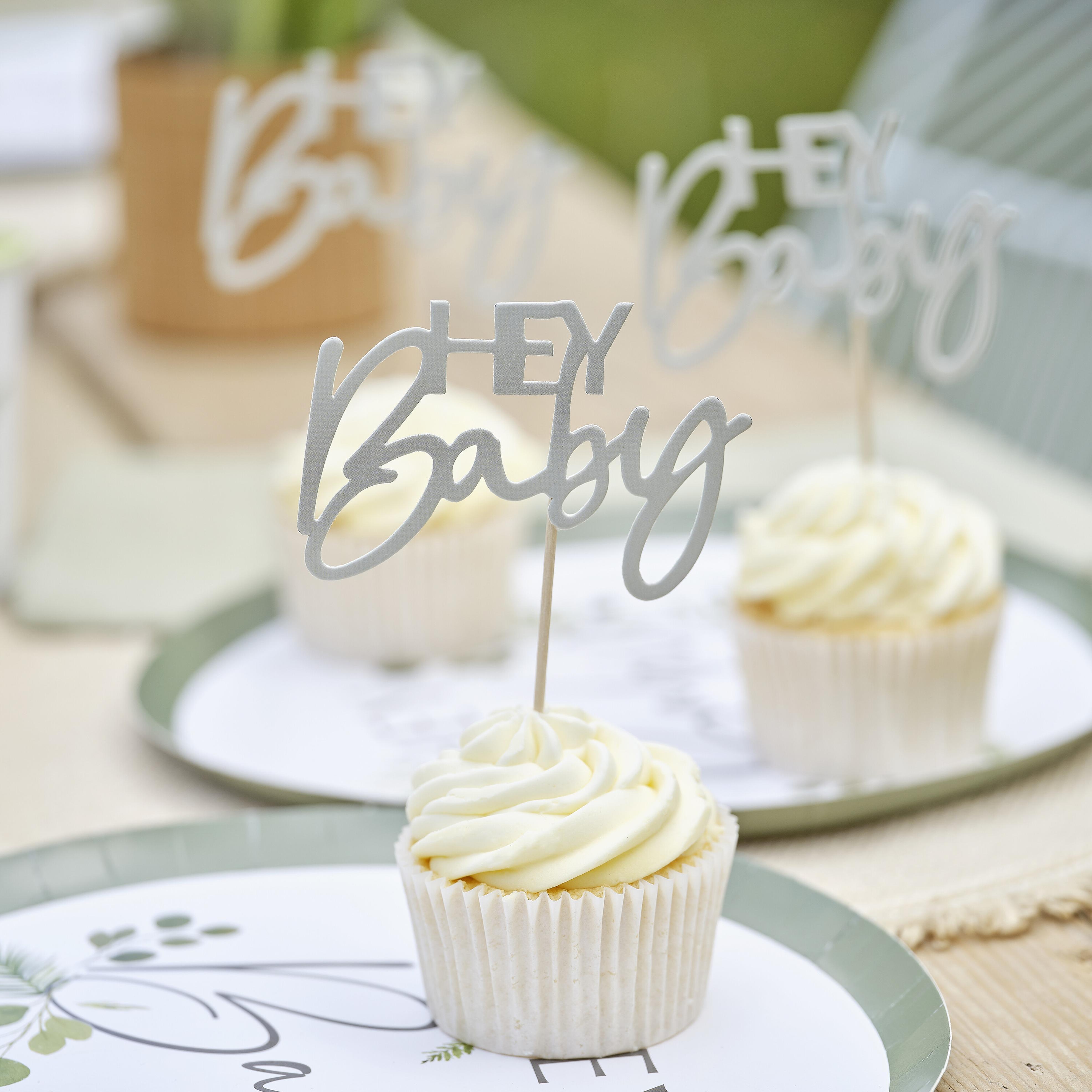 12 Topper-e "Hey Baby" pentru Cupcakes, Baby Shower, Verde Salvie