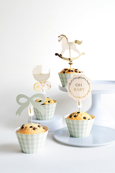 Set pentru briose, 6 toppere + 6 forme 'Oh Baby' (6 buc) carouri verzi