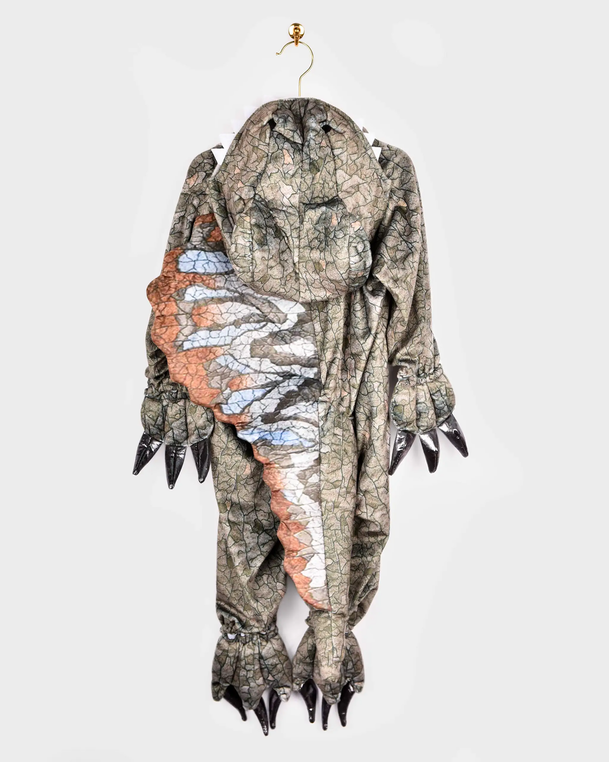 Costum dinozaur Spinosaurus pentru copii 4–5 ani, 110 cm, cu glugă, coadă și creastă dorsală