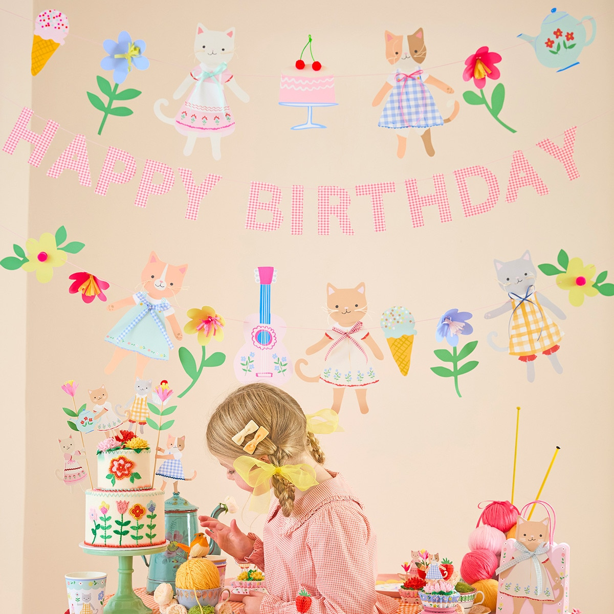 Banner si ghirlanda Happy Birthday „Kitten Club” 1.8 m, Meri Meri