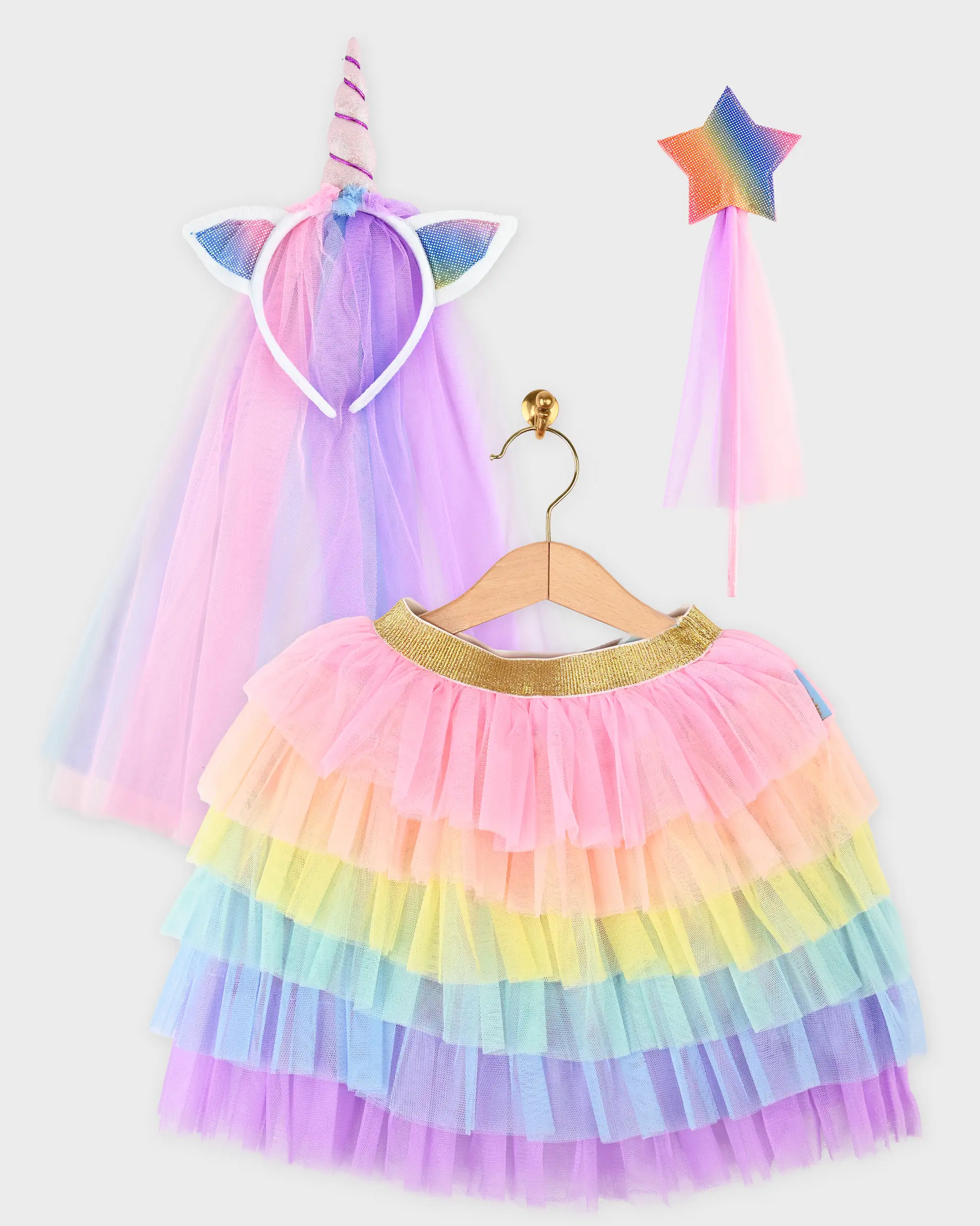 Costum unicorn pentru copii 3–5 ani cu fustă tutu multicoloră, bentiță cu corn și voal și baghetă cu stea