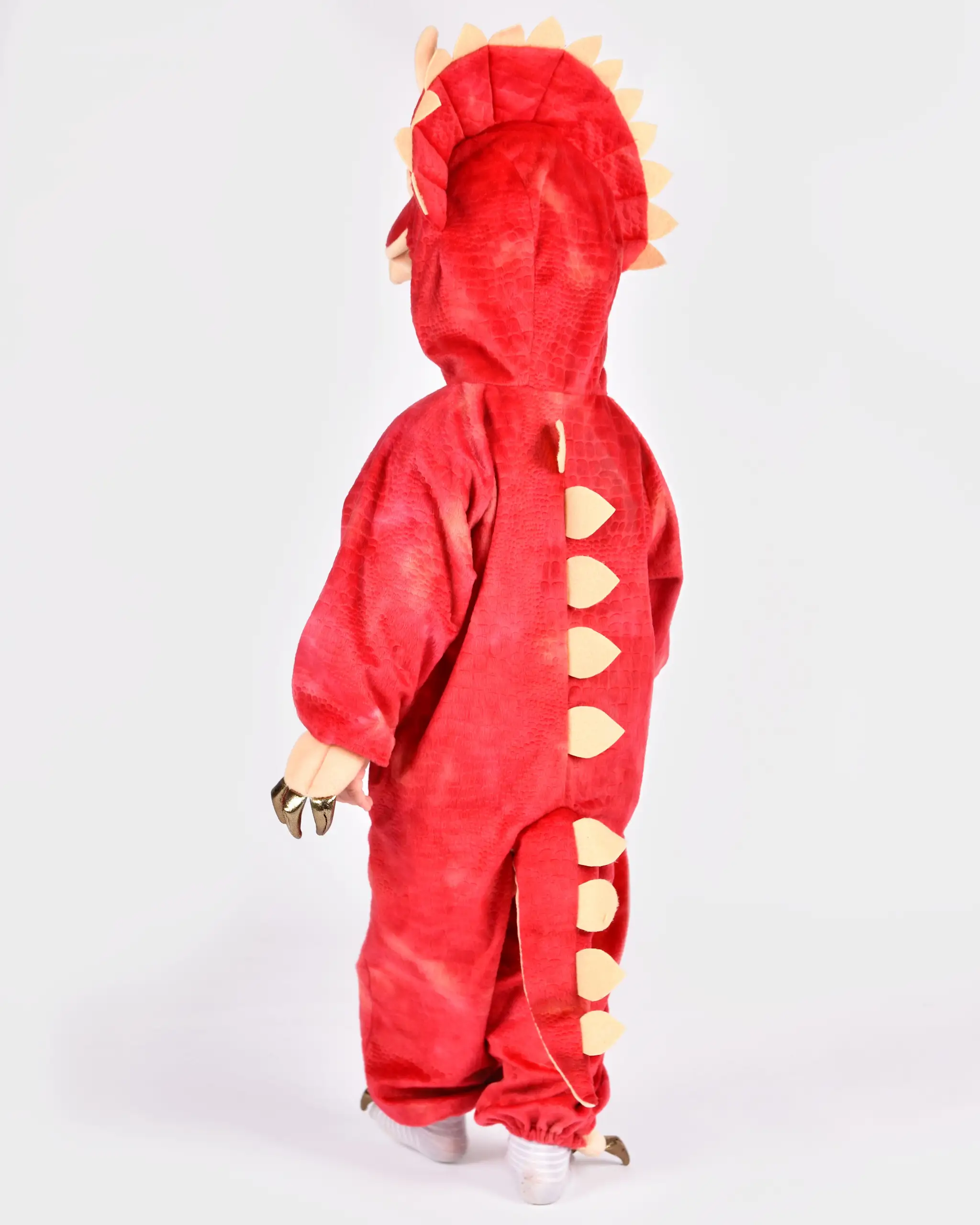Costum dinozaur Triceratops roșu pentru copii 4–5 ani, salopetă cu glugă, coarne, coadă și gheare
