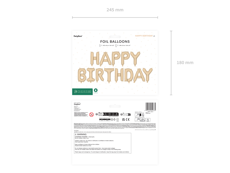 Banner "Happy Birthday" Baloane din Folie, Mat Bej, 340x35cm