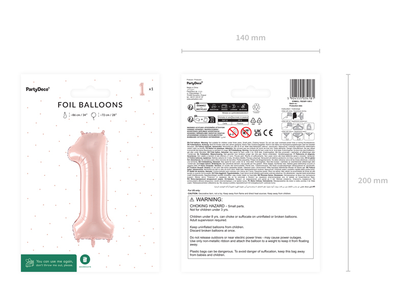 Balon din Folie Cifra 1 Roz Deschis 72 cm