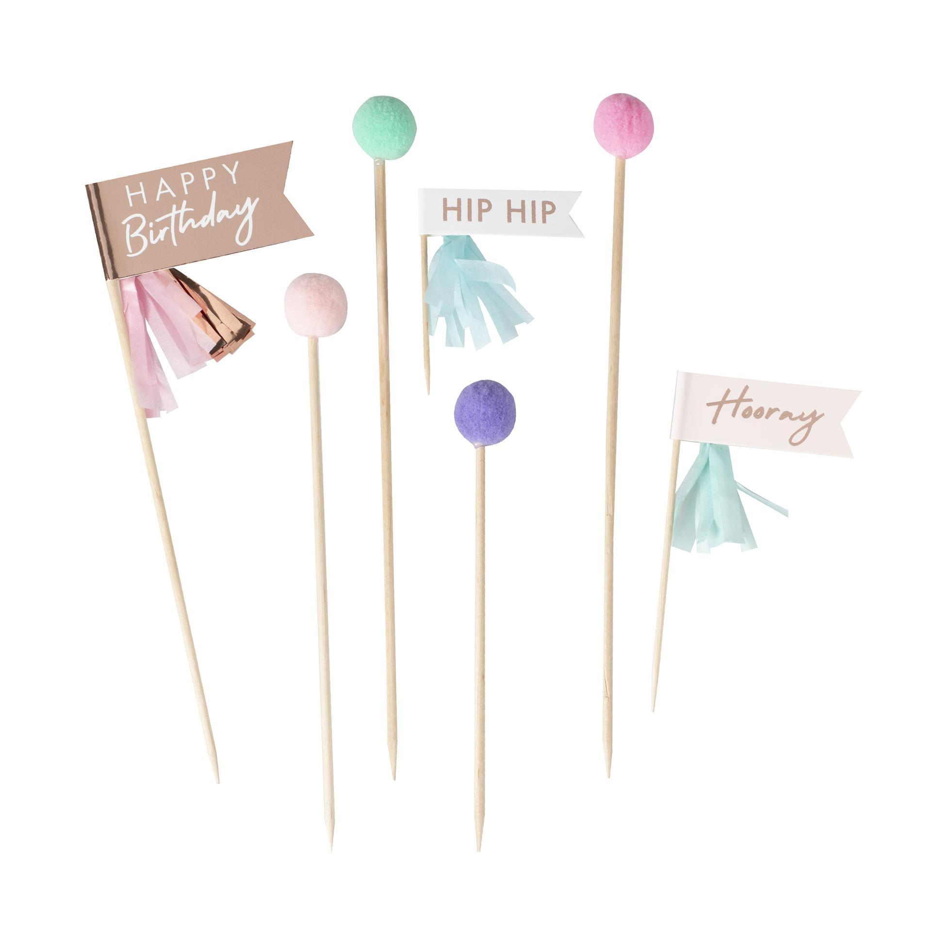 Toppers Tort Pom Pom Happy Birthday, pastel/roz auriu