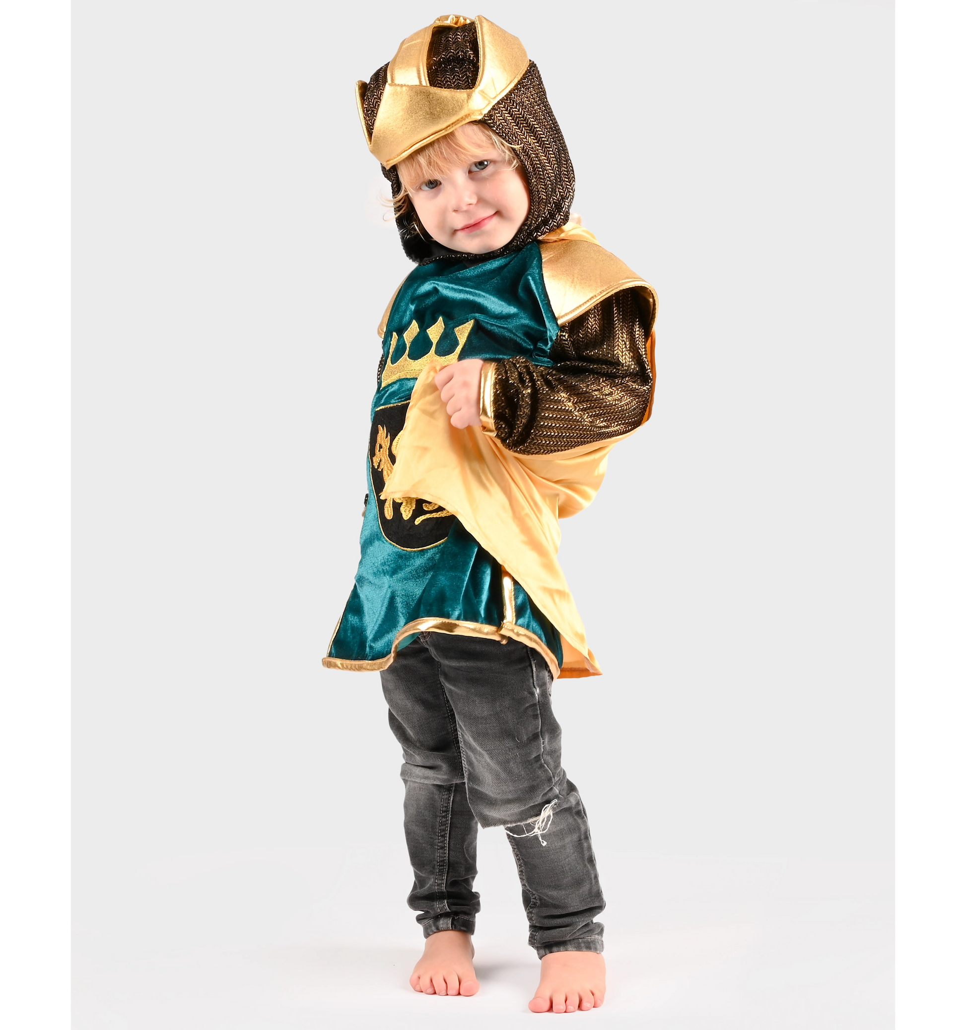 Costum Regele Dragon Cavaler pentru copii 4-6 ani, verde și auriu, cu coroană, pelerină și emblemă dragon