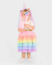 Costum unicorn pentru copii 3–5 ani cu fustă tutu multicoloră, bentiță cu corn și voal și baghetă cu stea