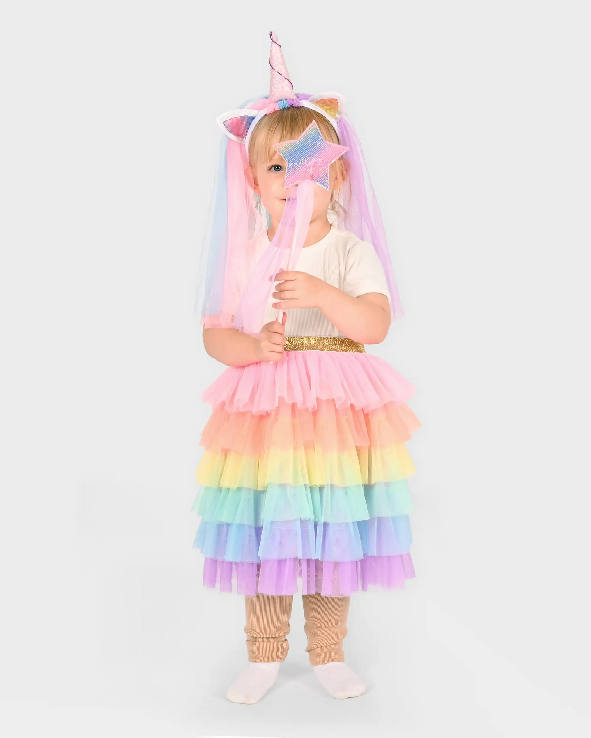 Costum unicorn pentru copii 3–5 ani cu fustă tutu multicoloră, bentiță cu corn și voal și baghetă cu stea
