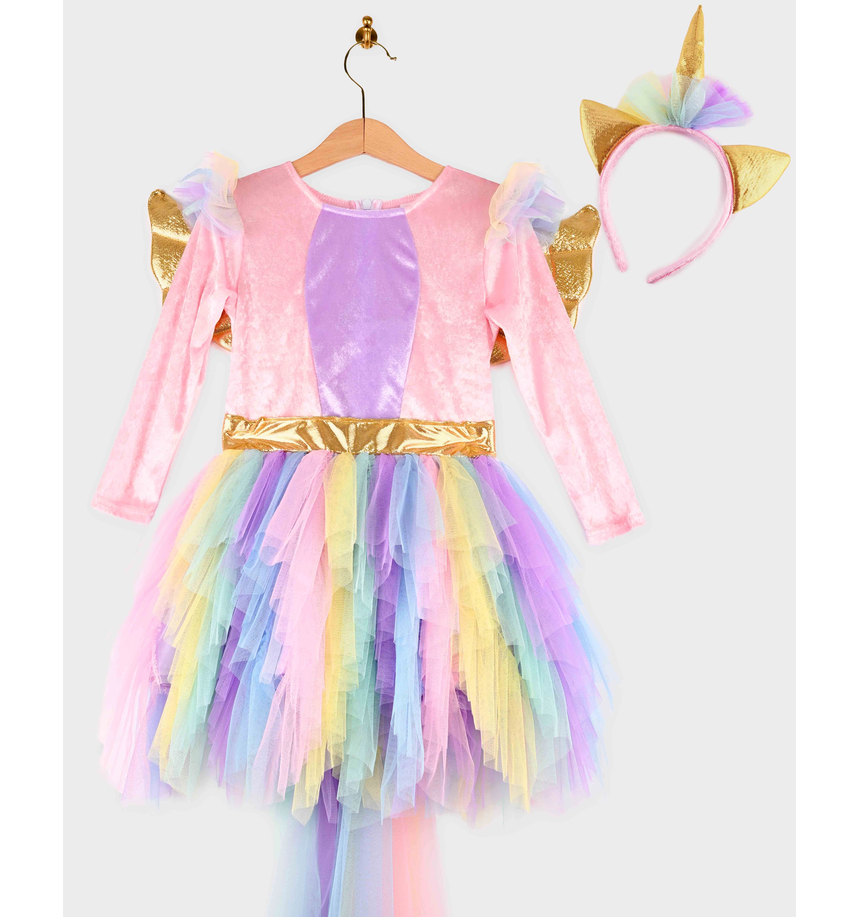 Costum unicorn pentru fete 6–8 ani, cu rochie roz din tul multicolor, aripi aurii și diademă cu corn