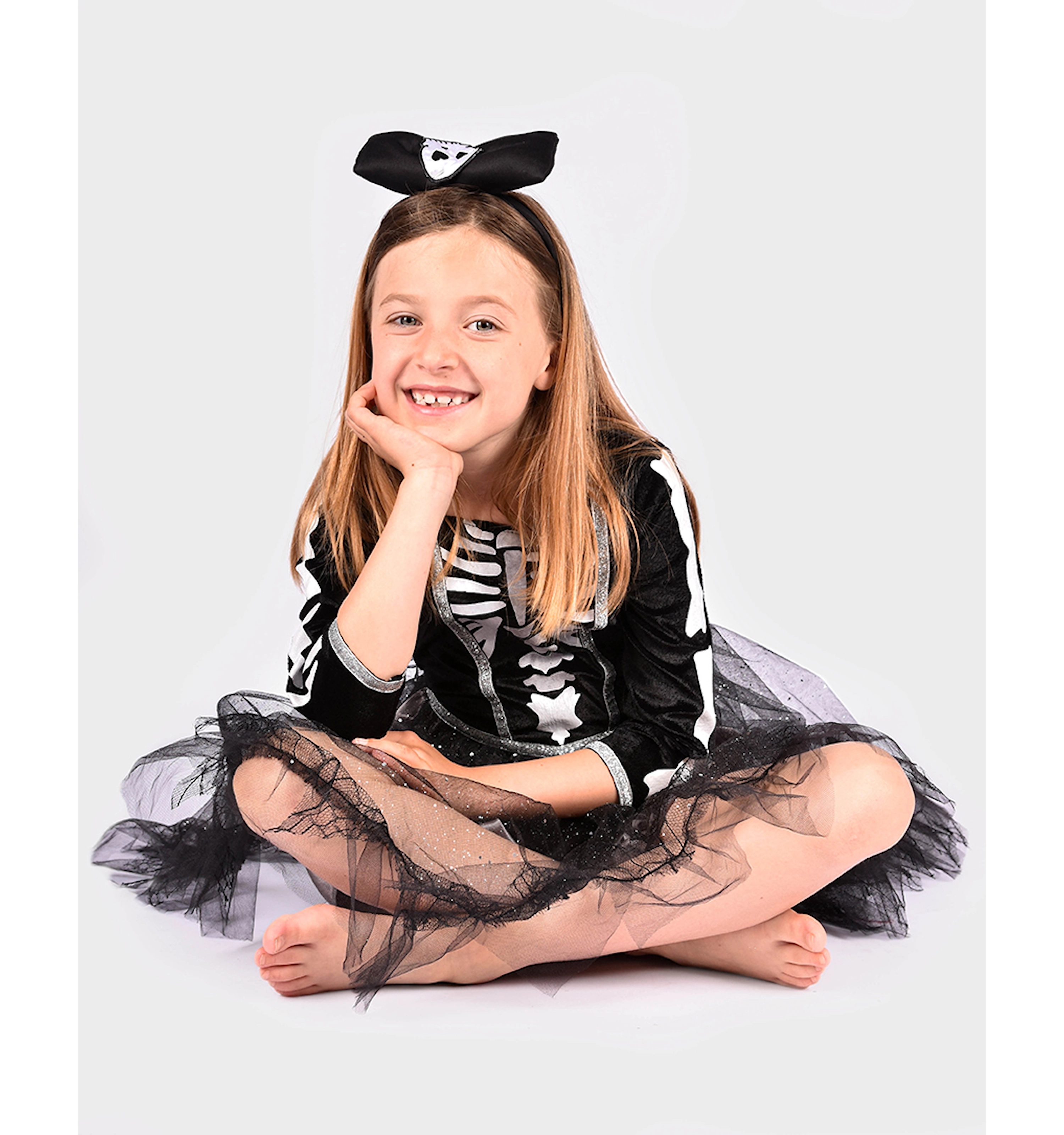 Costum schelet pentru fetiță 4-6 ani cu rochie tutu neagră și argintie cu sclipici și bentiță asortată