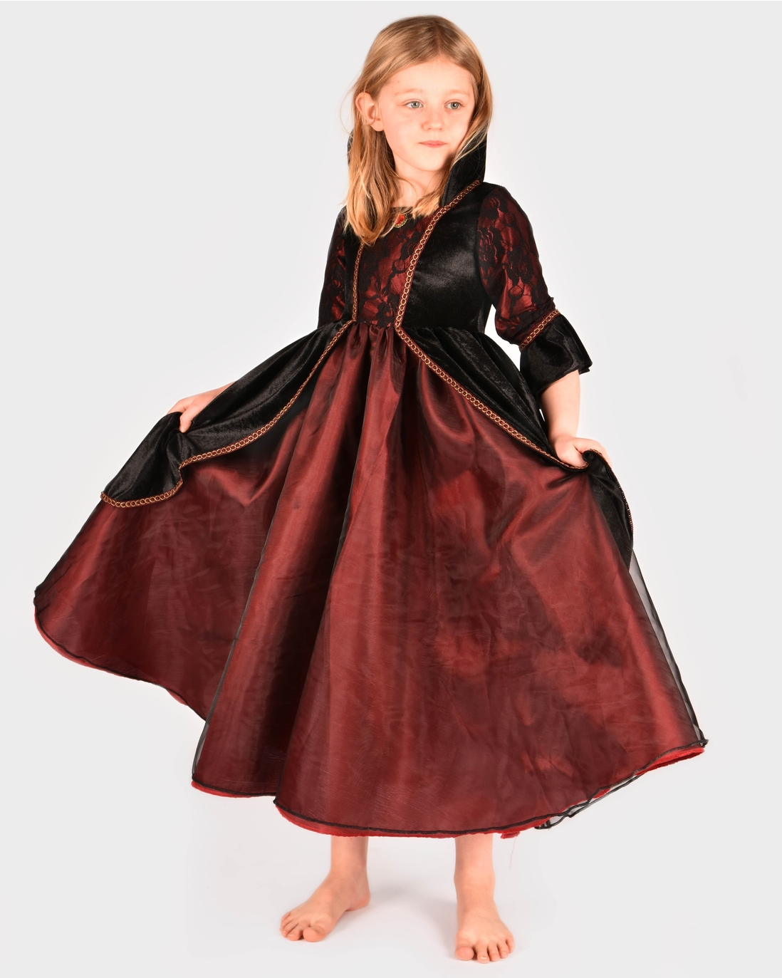 Costum vampir fete 6-8 ani cu rochie neagră și roșu burgundy Den Goda Fen