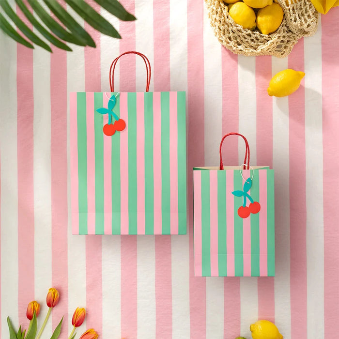 Pungă cadou din hârtie, dungi roz și turcoaz (26×10×32cm)