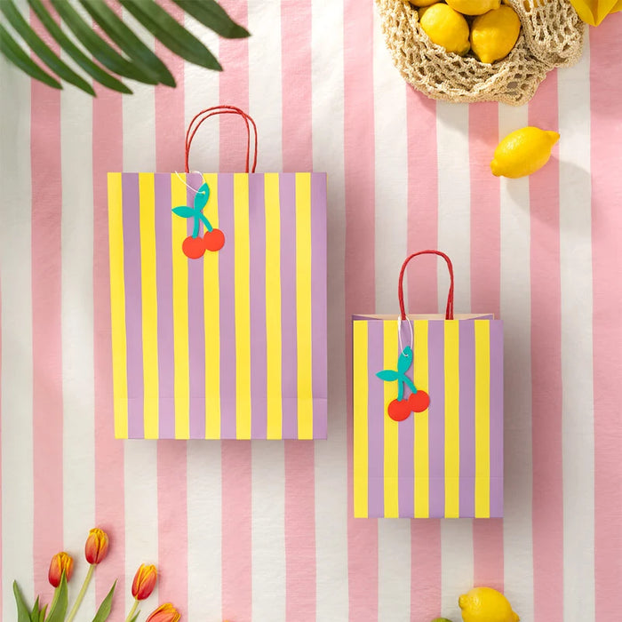 Pungă cadou din hârtie, dungi galbene, lila și albe (26×10×32cm)