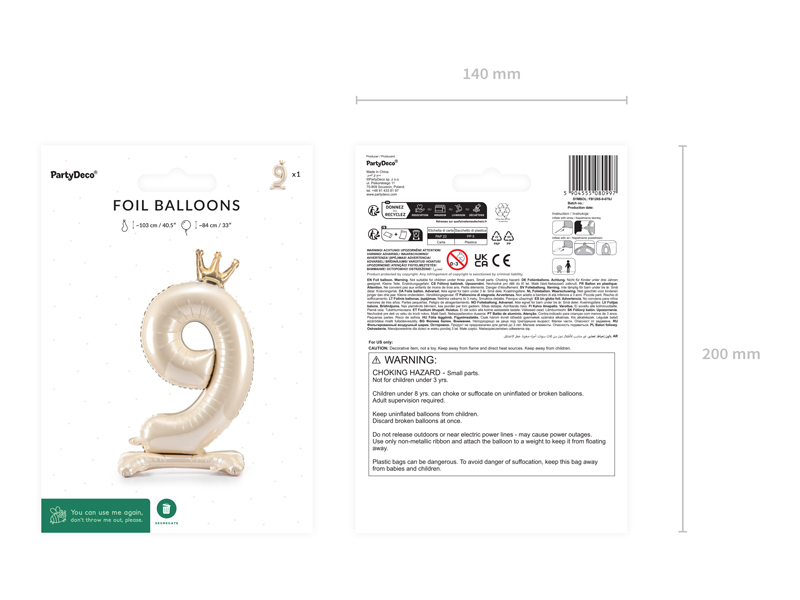 Balon Din Folie Cifra 9, Crem cu Coroana Aurie 84cm