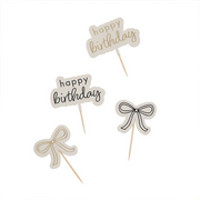 Toppere pentru brioșe „Birthday Bow” (12 buc) crem cu fundiță aurie și neagră