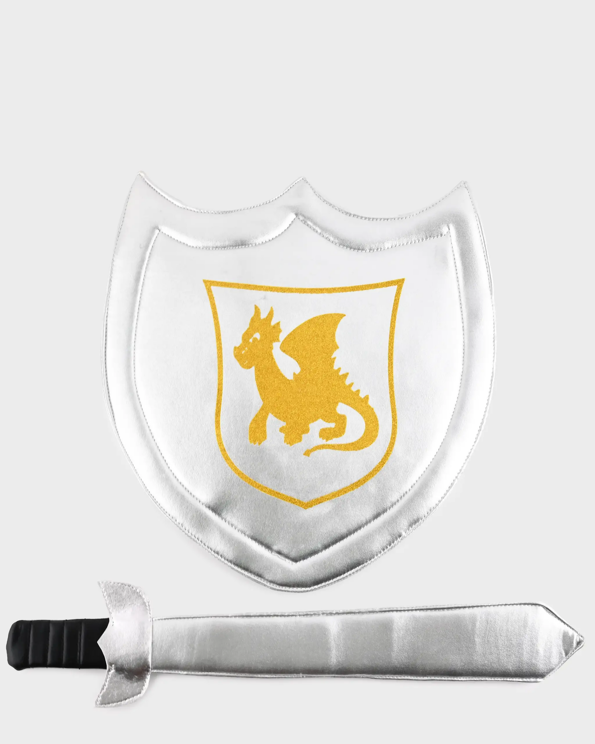 Set cavaler pentru copii cu sabie argintie căptușită și scut cu dragon auriu
