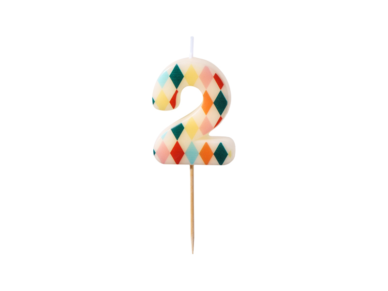 Lumanare de Aniversare Cifra 2 cu Model Romb, 5.5 cm, Mix de Culori