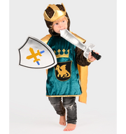 Costum Regele Dragon Cavaler pentru copii 4-6 ani, verde și auriu, cu coroană, pelerină și emblemă dragon