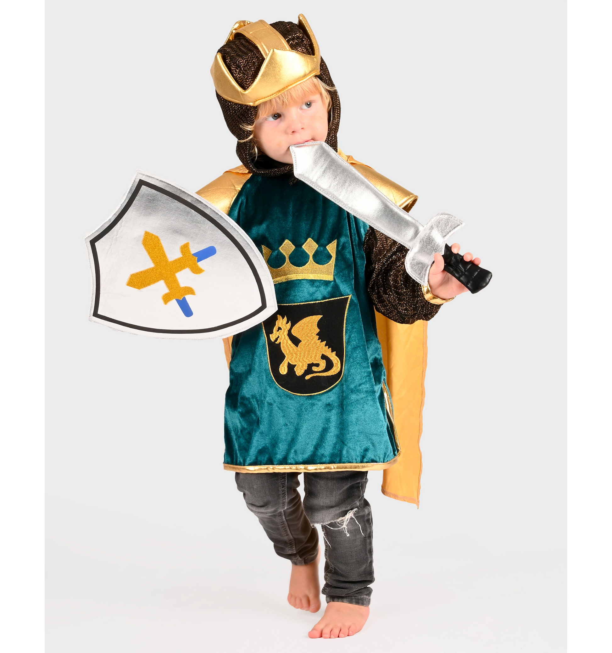 Costum Regele Dragon Cavaler pentru copii 4-6 ani, verde și auriu, cu coroană, pelerină și emblemă dragon